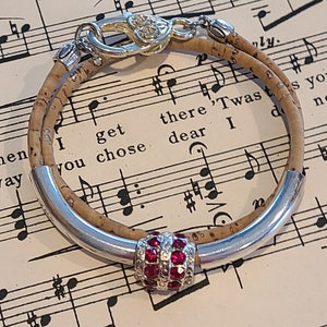Brown Portuguese Cord Double Wrap Bracelet Red Rhinestone Silver Plated Accent Beads Sliding Silver Plate Tube Beads Vegan Heart Theme Clasp