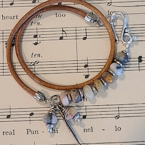 Venus Jasper Semi-Precious Gemstone Beads & Brown 3mm Leather Cord Double Wrap Bracelet With Antique Silver Plated Feather Charm BOHO Chic