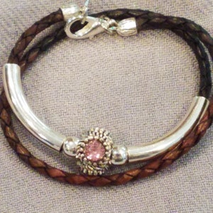 Black Brown Braided Bolo Leather Cord Bracelet / Tibetan Silver / Pink Rhinestone Bead  / Double 2 Wrap / Boho Bracelet / Bohemian Bracelet
