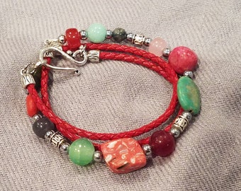 Colorful Mixed Gemstone Bead & Red Bolo Leather 3X Wrap Bracelet Necklace / Turquoise Agate Jasper / Bohemian Bracelet /Boho Bangle Bracelet