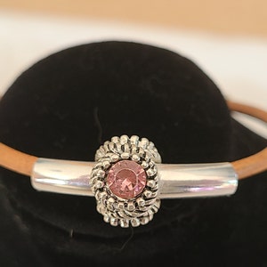 Natural Brown Leather Cord Bracelet Pink Crystal Rhinestone Textured Bead Slide, Silver Plated Boho Bracelet Layering Stacking Bracelet