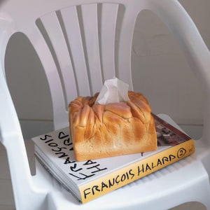 May include: A tissue box shaped like a loaf of bread sits on top of a book titled "FRANCOIS HALARD 2". The book is on a white plastic chair.