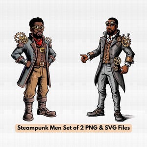 Cartoon Sketch Style Steampunk Men Clip Art Duo, PNG and SVG FIles, Black Men Art, Commercial License Included, Black Art
