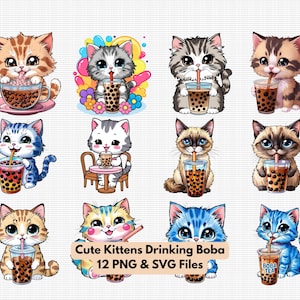 Chibi Style Kittens Drinking Boba Clip Art Bundle, PNG and SVG Files, Commercial License Included