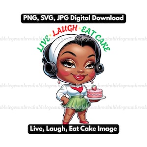Clipart femme noire Style Chibi, rire en direct, image Png et Svg de manger un gâteau, art noir, licence commerciale incluse