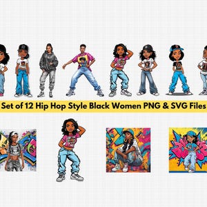 Paquete de bocetos de mujeres negras con estilo hip hop, archivos PNG y SVG, arte negro, mujeres negras, licencia comercial incluida
