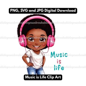 Chibi Style Girl With Pink Headphones Clip Art, Music Is Life Clip Art Quote, Commercial or Personal Use