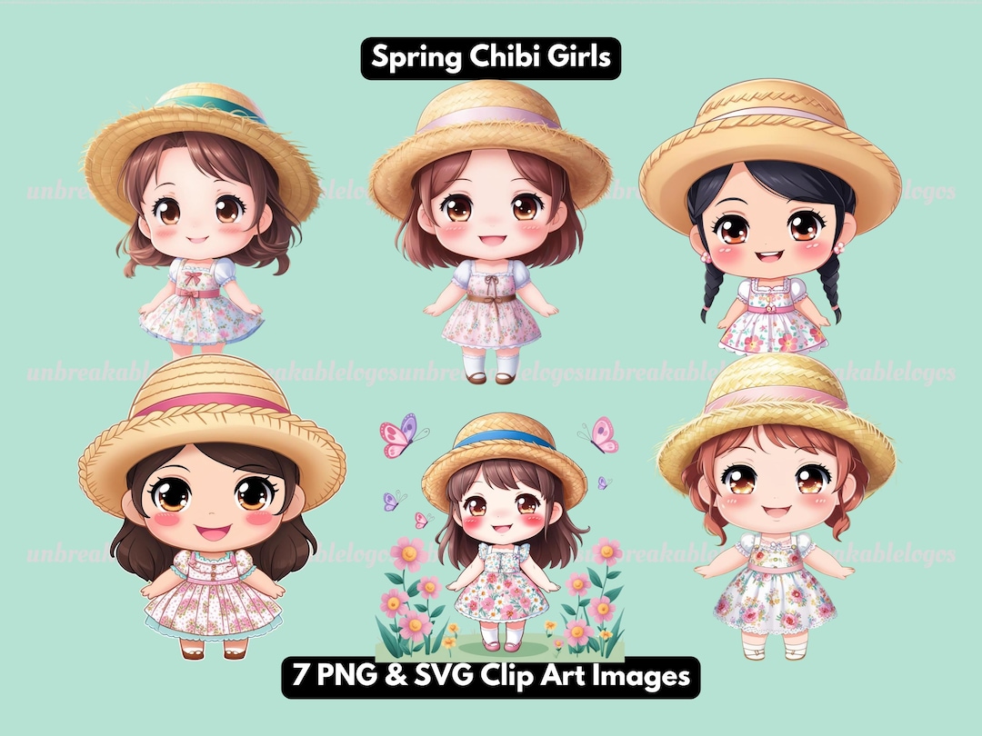 Chibi Style Spring Girls Clip Art Bundle, Cottagecore Look Chibi Girls ...