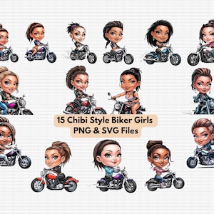 Pacchetto di clip art di ragazze motocicliste Chibi, PNG, SVG, licenza commerciale inclusa
