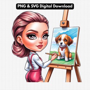Chibi Style Artist Girl Clip Art, Girl Painting Dog, PNG and SVG File, Commercial License Included