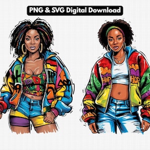 Hip hop Graffiti Style Black Women Duo Clip Art, PNG and SVG Files and Commercial License Included, Black Women 90s Style Art Sketch