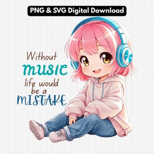 Senza musica Cuffie stile Chibi Ragazza Clip Art, citazione musicale PNG, licenza commerciale inclusa