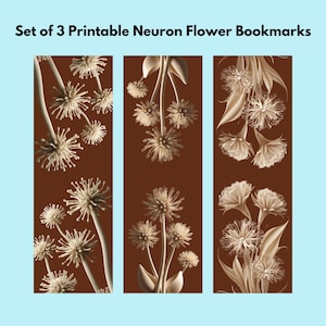 May include: Set of three printable bookmarks featuring a stylized neuron flower design in shades of brown. The bookmarks are perfect for adding a touch of science and nature to your reading experience.