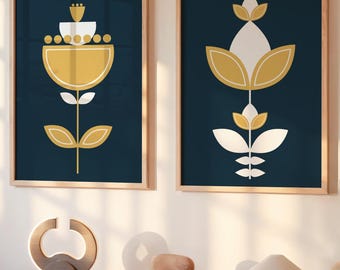 Mustard Yellow Floral Print, Mid Century Modern Navy Art (Digital Download)