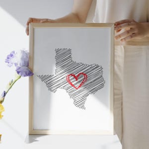 Texas State Map Wall Art, Texas Love Print, Modern Minimalist Scribble Art Digital Download, Home Decor Gift for Texans, Printable Poster
