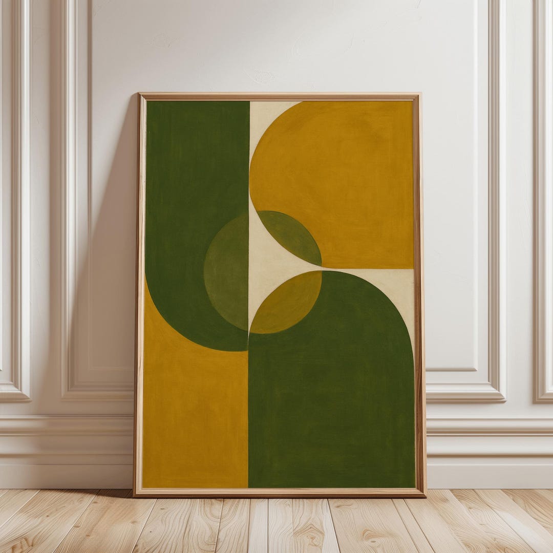 Mid Century Modern Geometric Art Print, Yellow Green Abstract Shapes ...