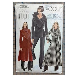 May include: A Vogue V8307 sewing pattern envelope featuring illustrations of three different coat styles. The designs include a rust-colored coat, a black jacket with matching trousers, and a long black and white houndstooth patterned coat.