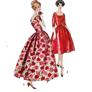 May include: Two dress illustrations labeled 1 and 2. Dress 1 is a floor-length gown with a white background and a dense red and pink floral pattern, featuring short sleeves. Dress 2 is a solid red knee-length dress with three-quarter sleeves.