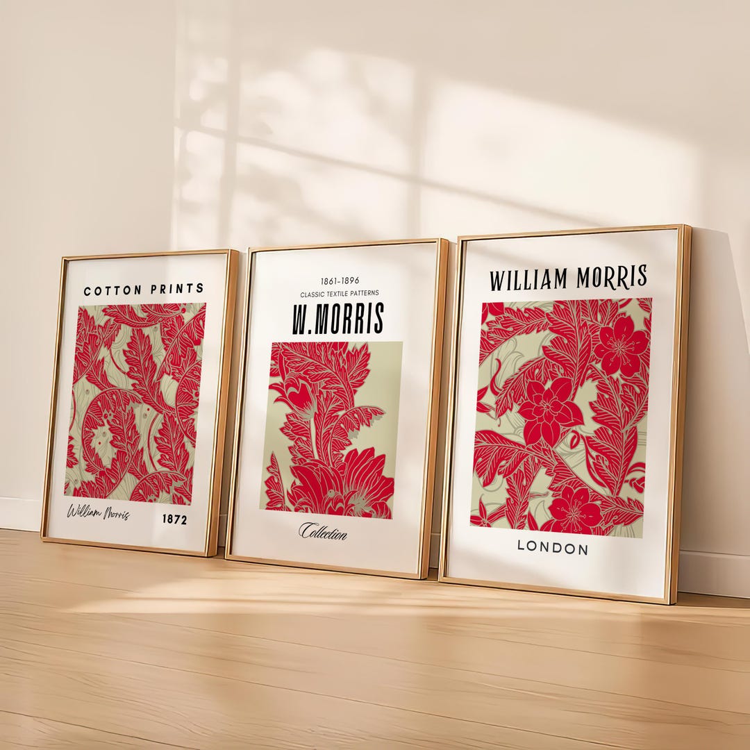 William Morris Print Set of 3 Red and Beige Flowers Set of Three Floral ...