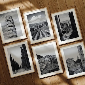 May include: Six framed black and white photographs of Italian landscapes and architecture. The images include the Leaning Tower of Pisa, a vineyard, a street scene, a road lined with trees, a coastal town, and a cathedral.