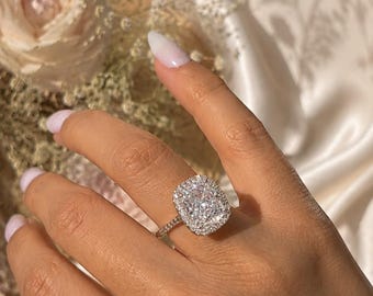 Rhodium-Plated 925 Sterling Silver Cushion Halo Ring – Cushion Cut Gift for Women