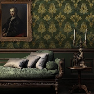 Luxus Barock Tapete, Damast Wandbild, Viktorianische Tapete, Reiches Grün mit Goldakzenten, Vintage Wandbild, viktorianisches Wohndekor