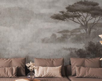 Papel pintado Bosque brumoso: Escena natural en sepia, mural de pared autoadhesivo