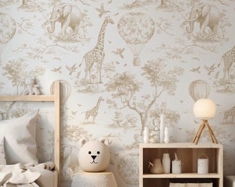 Braune Safari Kinderzimmer Tapete: Dschungel Tiere zum Schälen und Aufkleben