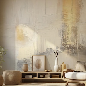 Neutral Abstract Wall Mural, Beige and Gold Textured Modern Art Wallpaper, Industrial Concrete Texture with Gold Accents, Urban Loft Decor
