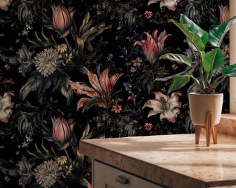 Dark Floral Wallpaper: Elegant Botanical Peel and Stick Wallpaper
