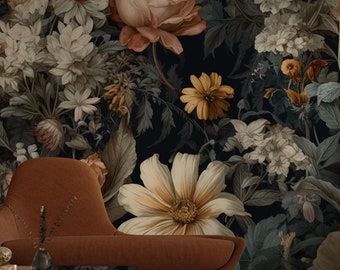 Peony Wallpaper, Botanical Wallpaper, Dark Floral Wall Mural, Large Floral Peel and Stick Wallpaper, Bold Wall Decor, Boho Floral Wall Mural