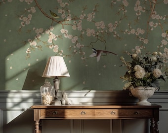 Vintage Chinoiserie Wall Mural: Birds & Floral Peel and Stick Wallpaper