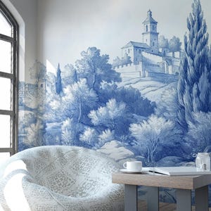 Papel de parede azul Toile de Jouy, mural de parede cênico, campo francês vintage, mural clássico removível, decoração para casa, papel de parede removível