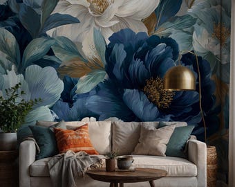 May include: A living room scene featuring a floral wallpaper with large blue and white flowers. A cream-colored sofa is adorned with pillows in various colors. A wooden coffee table and a gold floor lamp complete the decor.