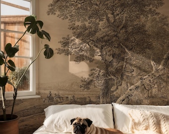 Vintage Countryside Peel and Stick Wallpaper Mural, Landscape Wall Mural