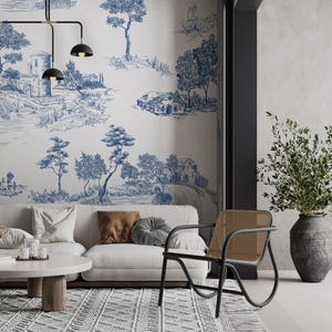 Blue Toile Farmhouse Wallpaper: Cottage Peel and Stick Decor
