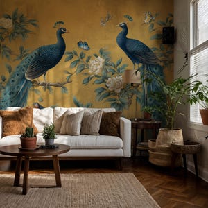 Chinoiserie Peacock Wallpaper: Golden Botanical Mural, Elegant Asian Decor