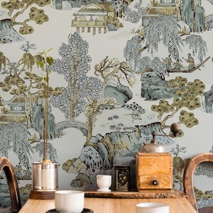 Carta da parati con paesaggio cinese vintage, murale giapponese con pagode, alberi e acqua, decorazione da parete panoramica asiatica