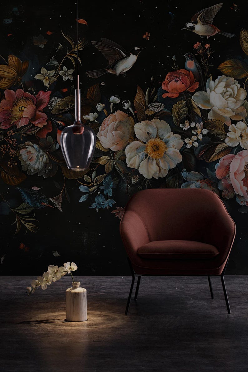 Dark Floral Peony Wallpaper Mural: Botanical Peel and Stick - Etsy