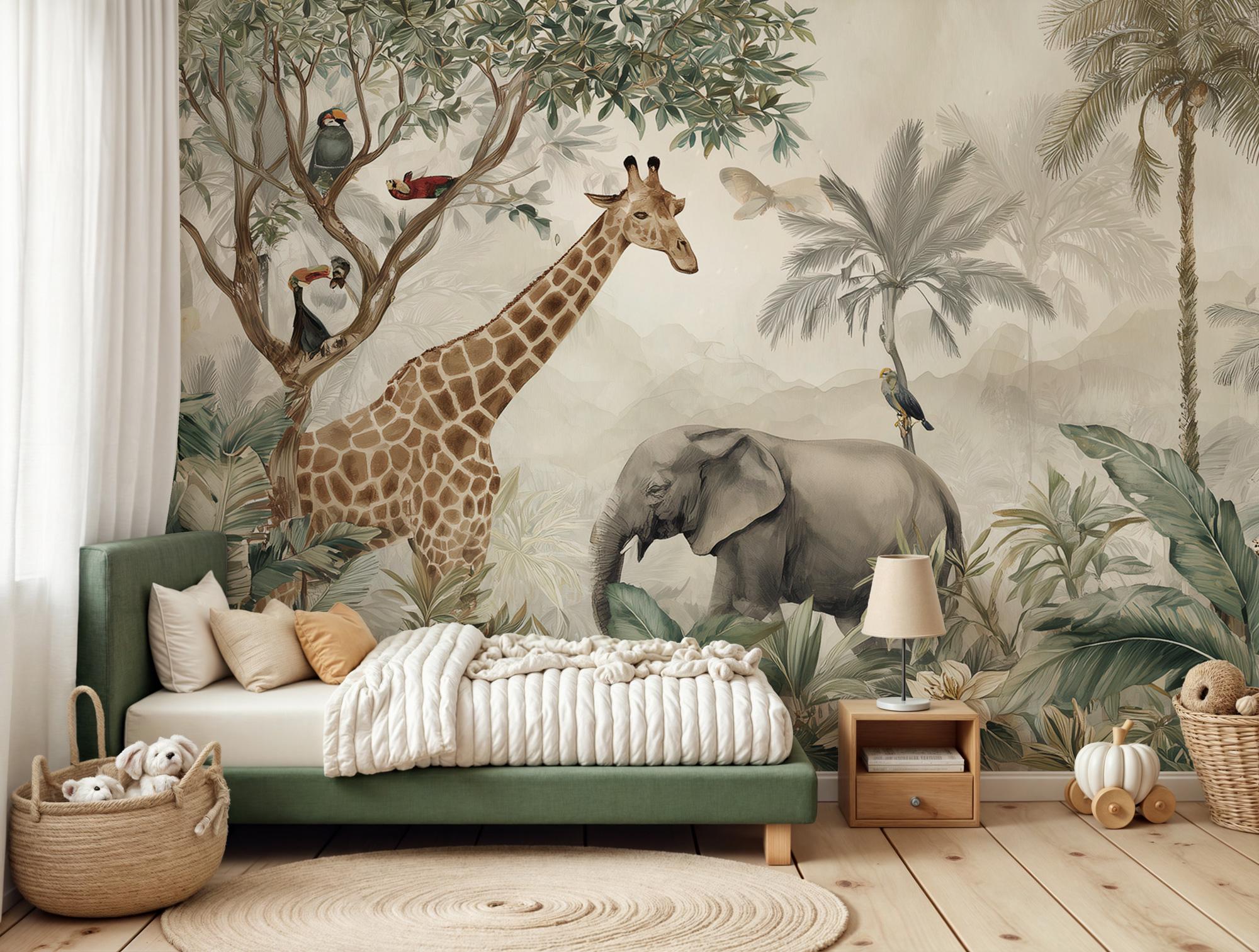 Jungle Safari Nursery Wallpaper Mural – Tropical Animals Peel and Stick ...