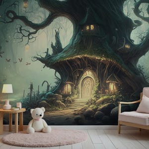 Magic Forest Kids Wallpaper, Nursery Room Decor Wallpaper, Self-adhesive Removable Mural, Fairy Forest Houses, Kid Wallpaper
