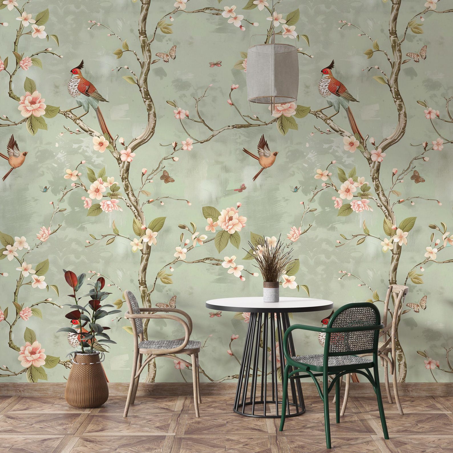 Vintage Chinoiserie Bird Floral Wallpaper: Sage Green Blossom Peel and ...