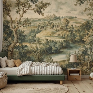 Papel pintado vintage con escena campestre, mural autoadhesivo con paisaje pastoral, decoración vintage para el hogar, papel pintado extraíble, arte mural con paisajes.