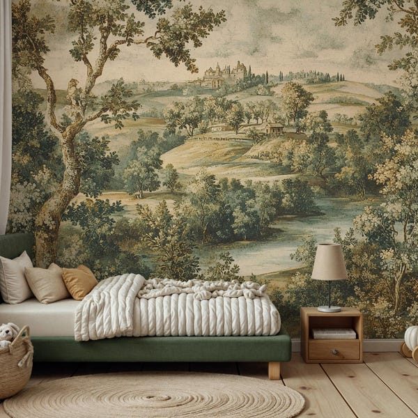 Vintage Countryside Scene Peel & Stick Wallpaper Mural: Pastoral Landscape