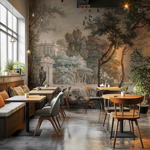 Vintage European Landscape Wallpaper Mural: Classical Garden Scene, Peel and Stick