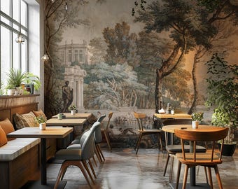 Vintage European Landscape Wallpaper Mural: Classical Garden Scene, Peel and Stick