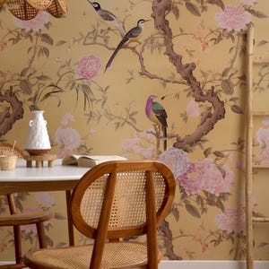 Chinoiserie Floral Peel and Stick Wallpaper: Birds & Blossoms Wall Mural