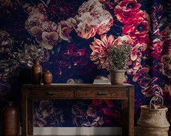 Dark Vintage Peony Wall Mural: Moody Burgundy Floral Peel and Stick Wallpaper