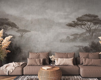 Misty Forest Wallpaper: Sepia Nature Scene, Peel and Stick Wall Mural
