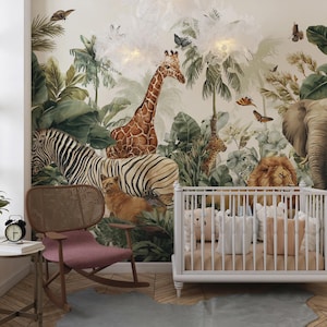 Safari-tapet för barnrum: Djungeldjur, väggmålning, skalbar och självhäftande bild 5